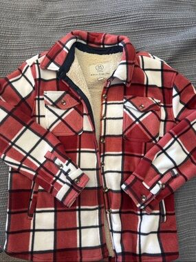 Sage Red and White Plaid Sherpa-Lined Puffer Shirt/Jacket